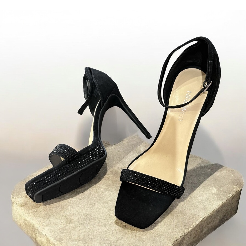 Nine West Suede Elegant Black High Heel Sandals Rhinestones Ankle Strap Size 8